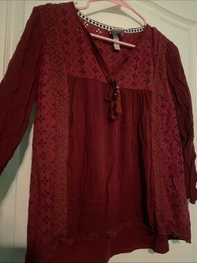 Women's Burgundy Boho Eyelet Tunic Top